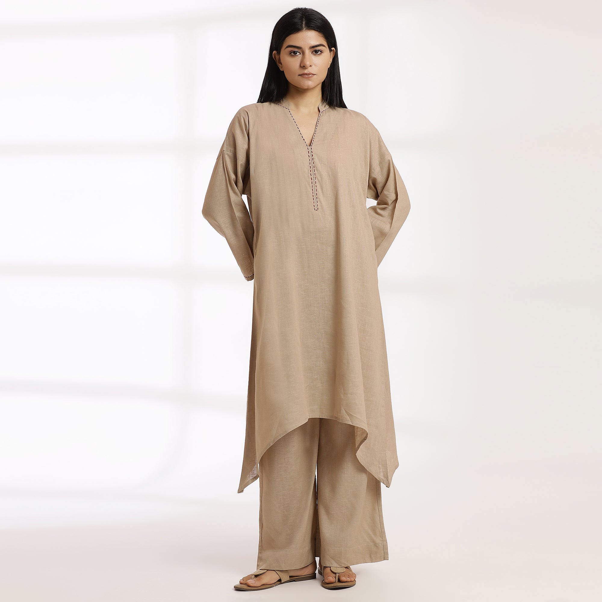 Azaad- Beige Linen-Blend Kantha Co-Ord Set