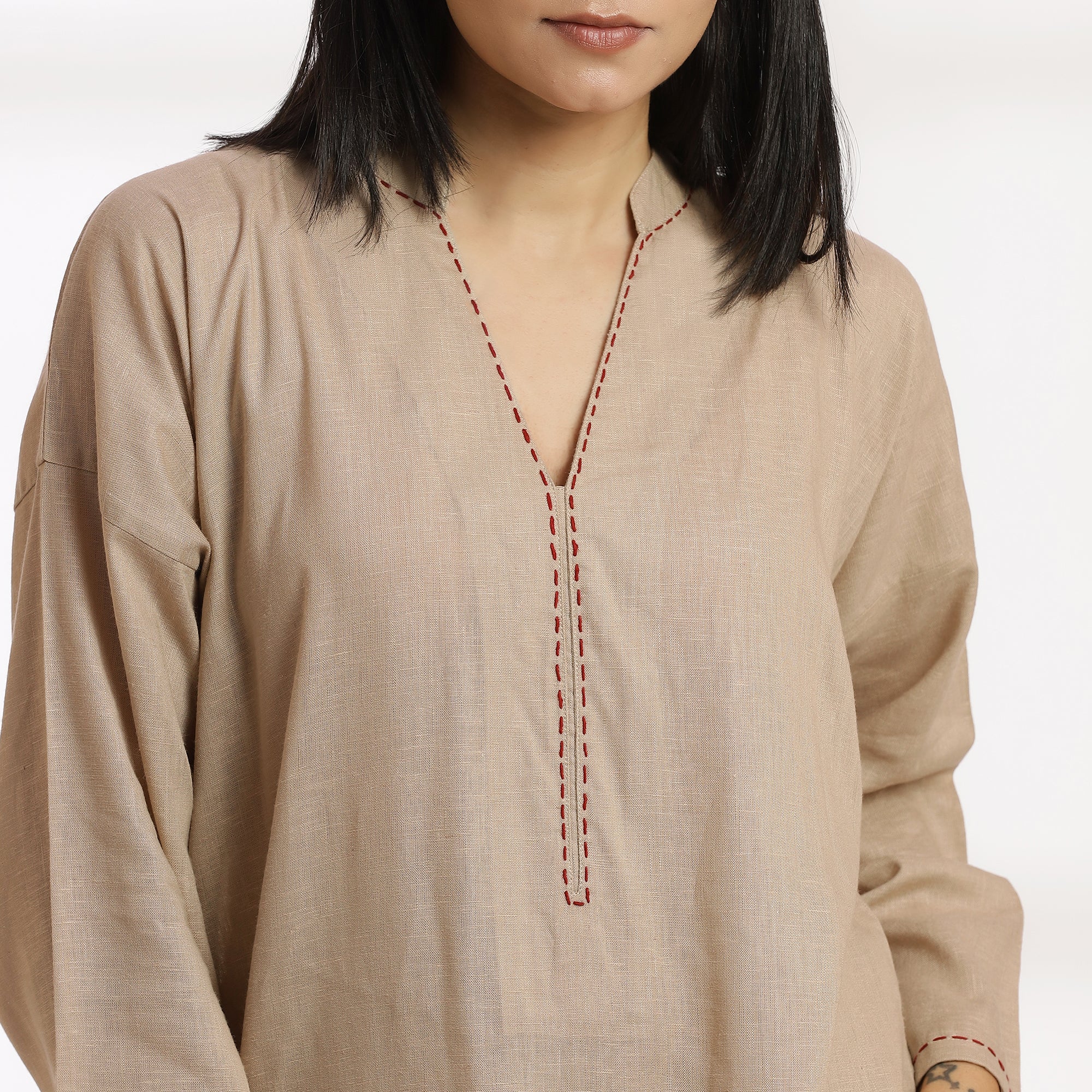 Azaad- Beige Linen-Blend Kantha Co-Ord Set