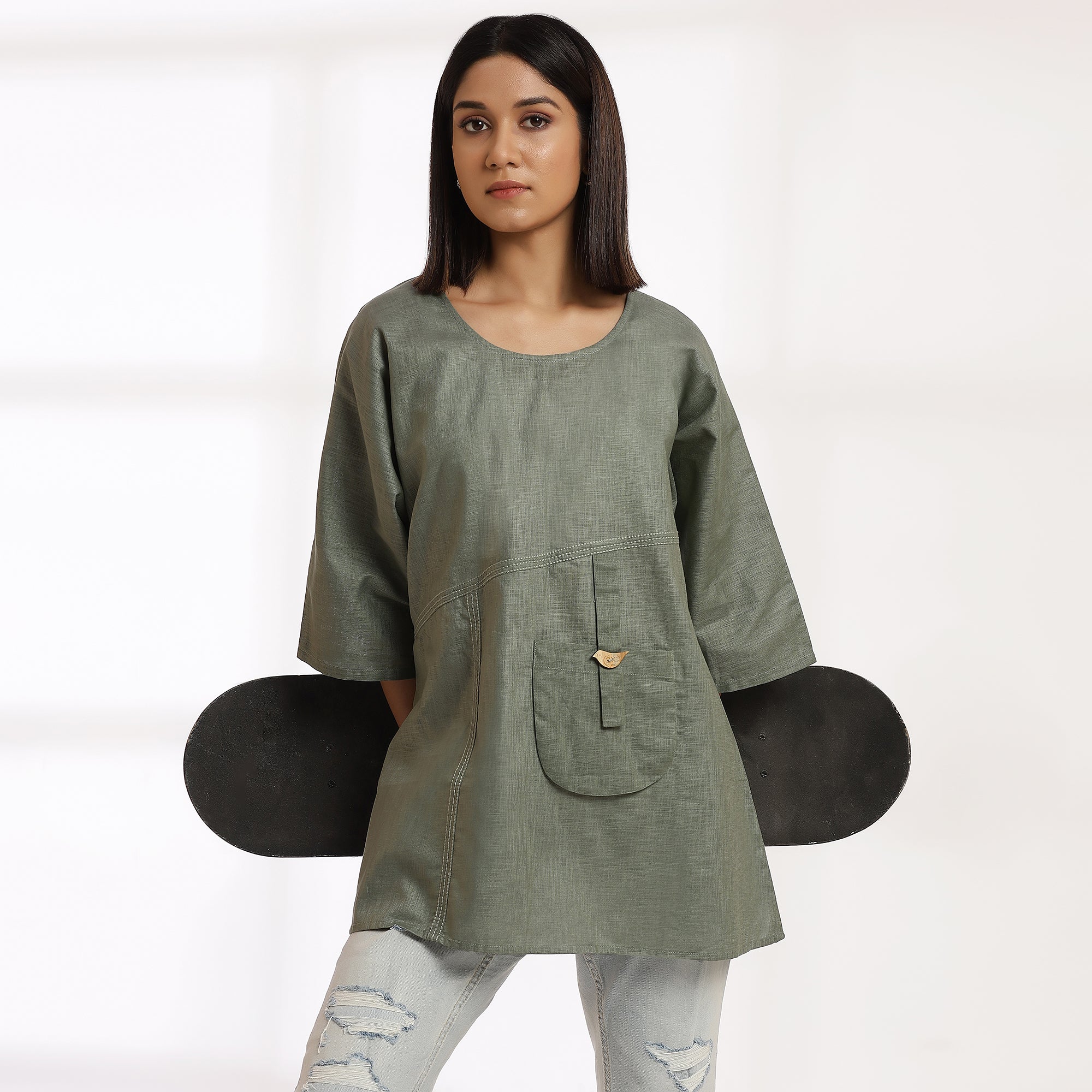 Trail - Olive Pocket top with sparrow Buttons