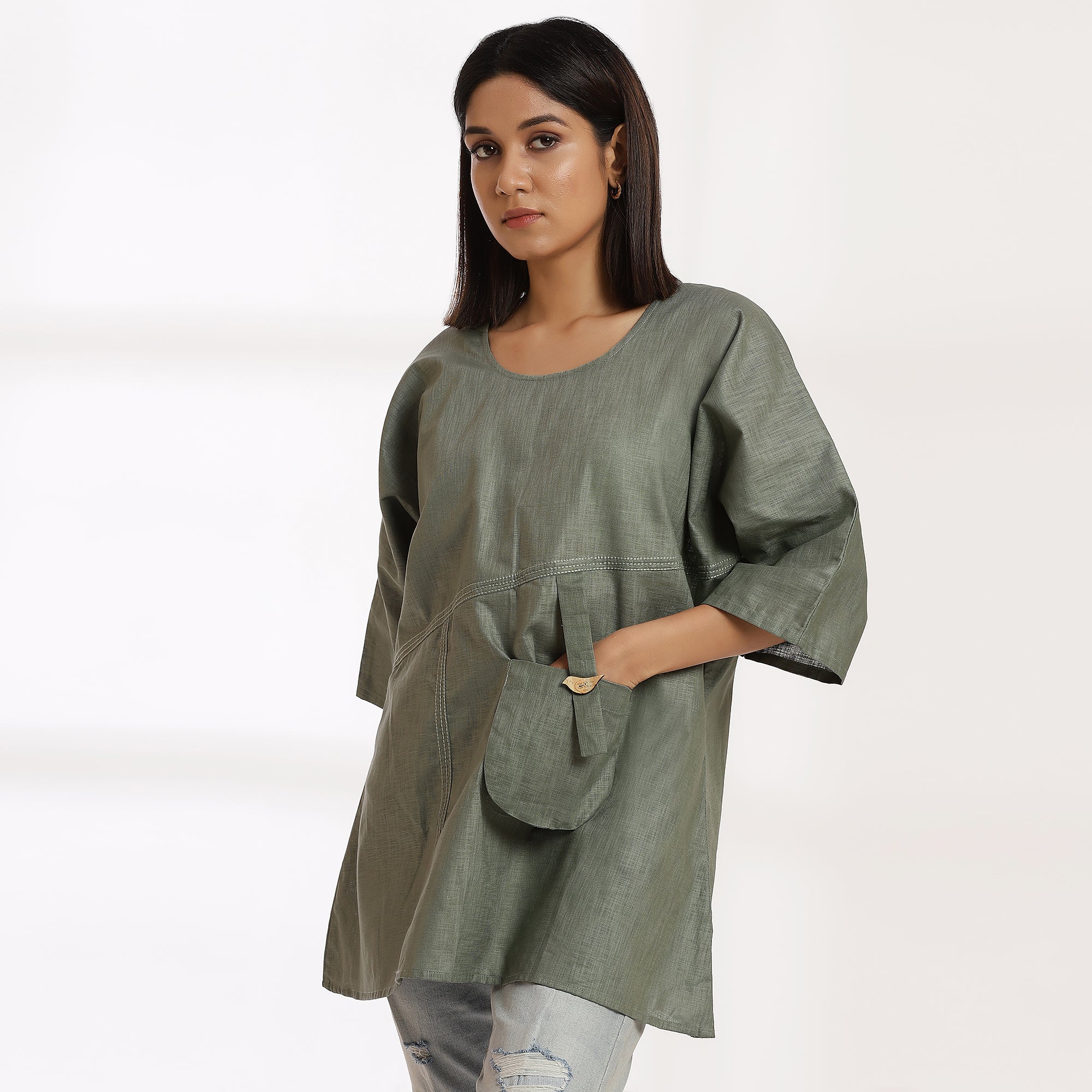 Trail - Olive Pocket top with sparrow Buttons