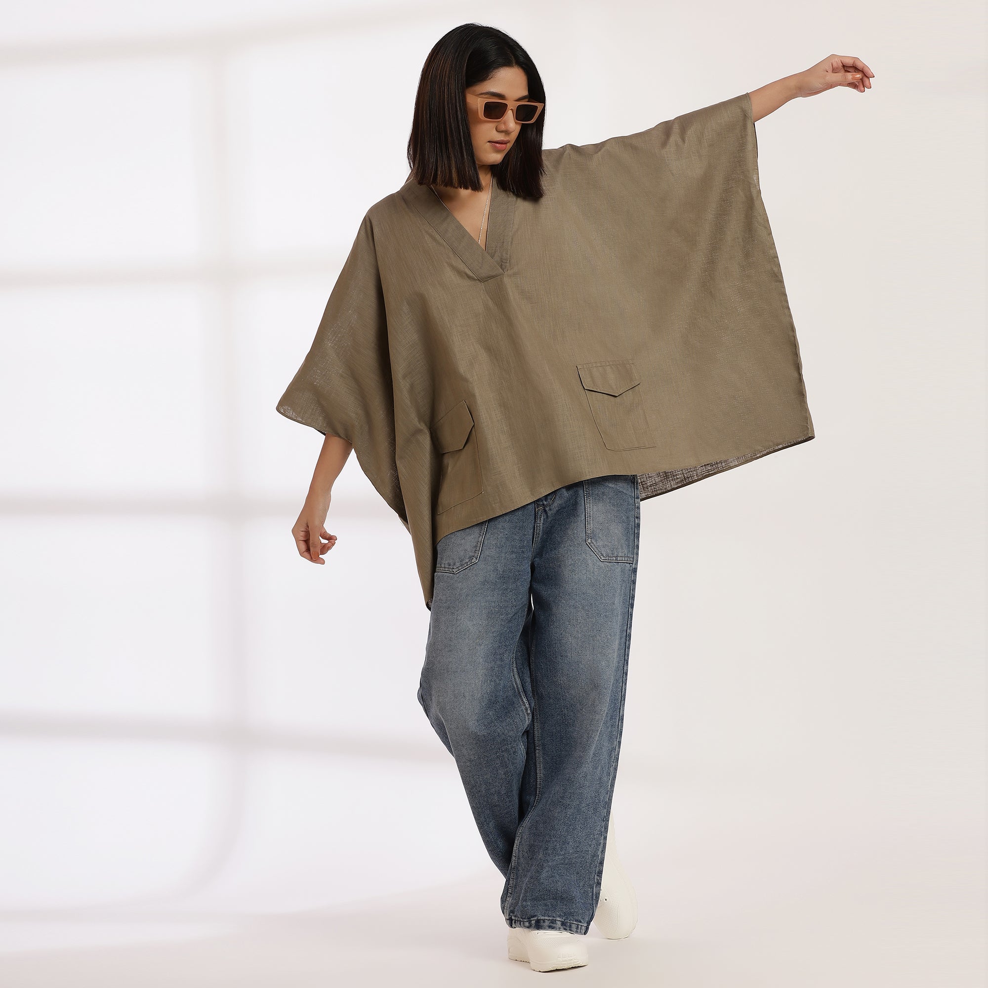 Rebel Calm- Oversized Cotton Kaftan Top with V-Neck & Kimono Sleeves