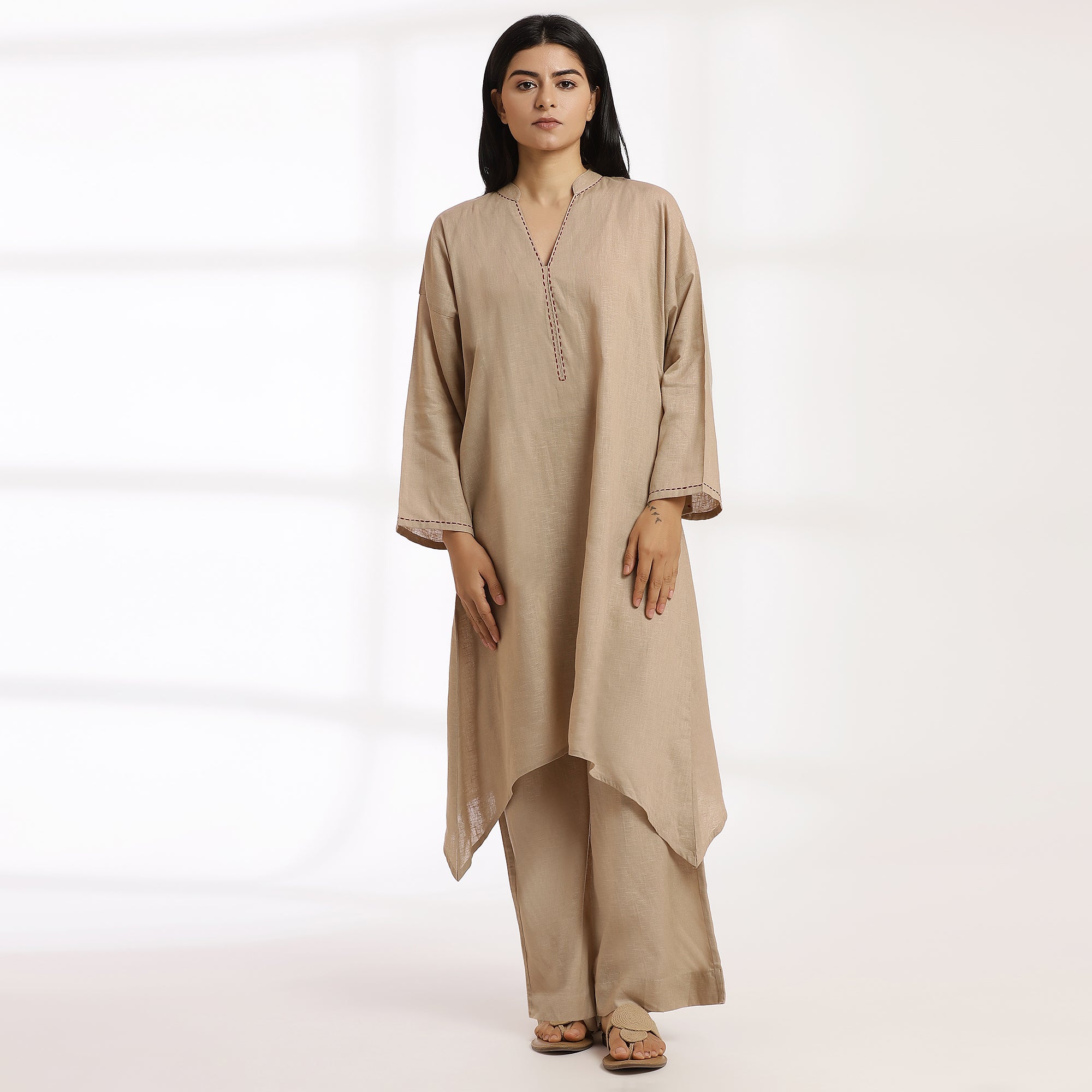 Azaad- Beige Linen-Blend Kantha Co-Ord Set