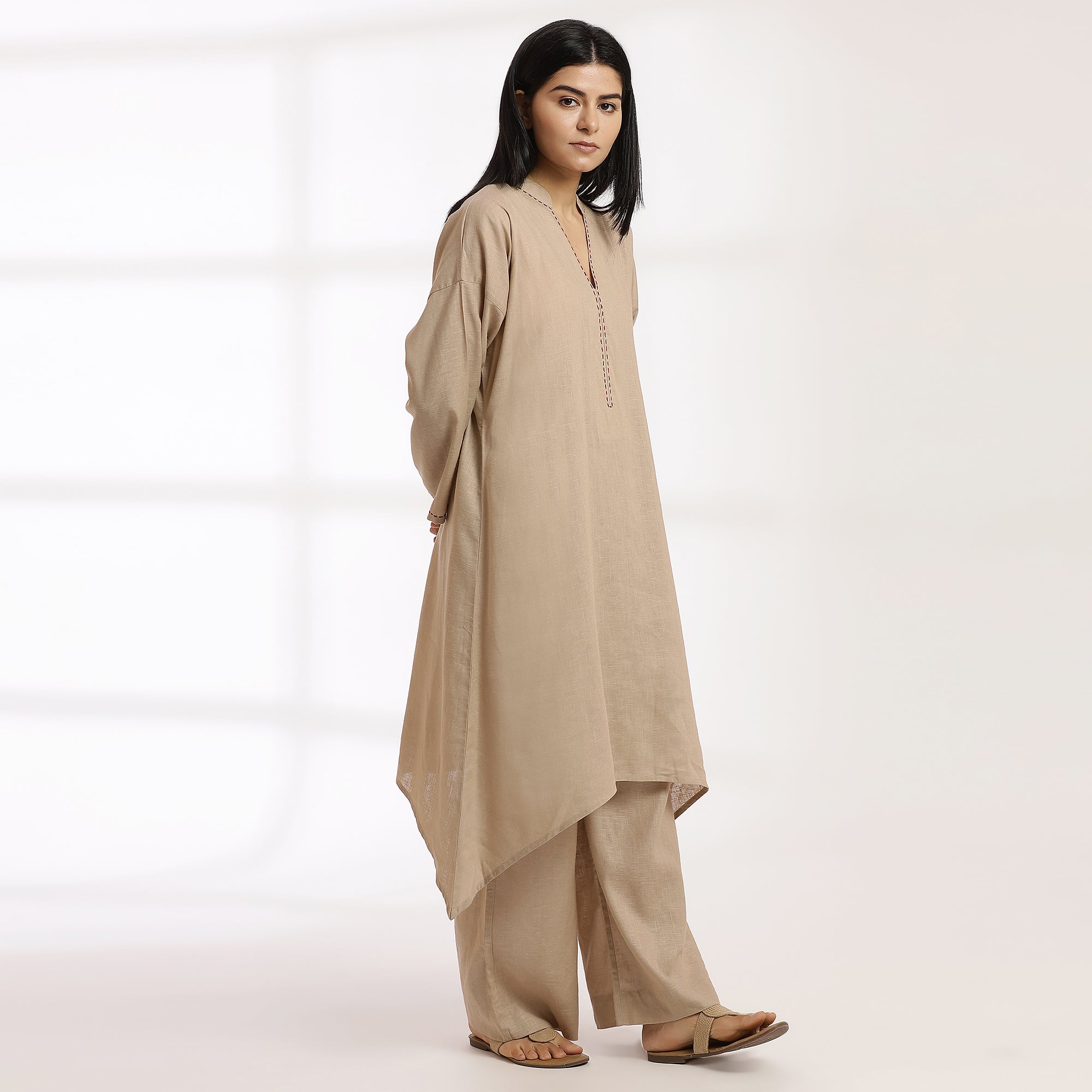 Azaad- Beige Linen-Blend Kantha Co-Ord Set