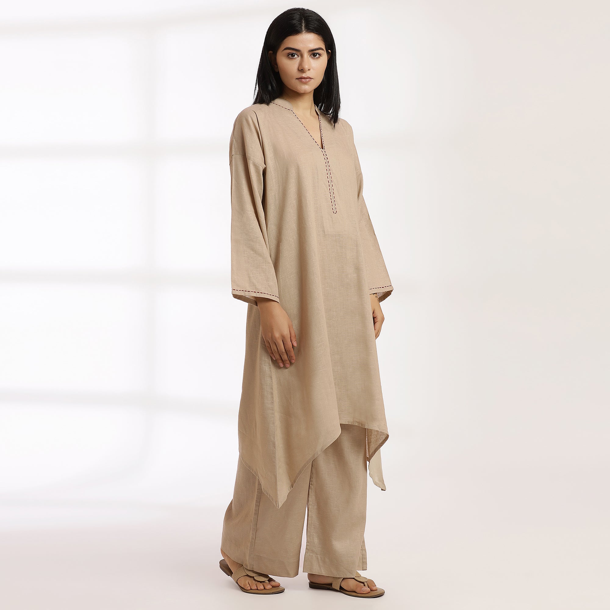 Azaad- Beige Linen-Blend Kantha Co-Ord Set