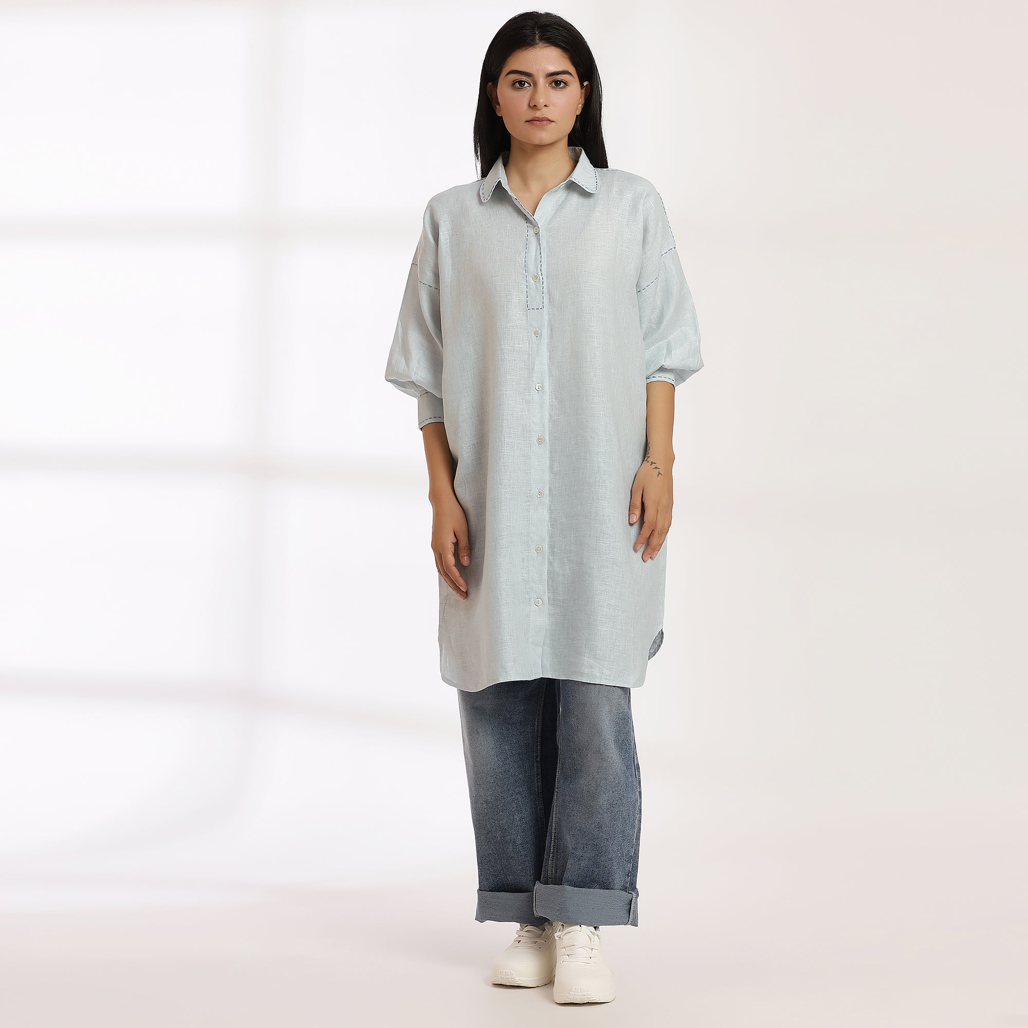 Natural State- Light Blue Linen Oversized Shirtdress Kurta