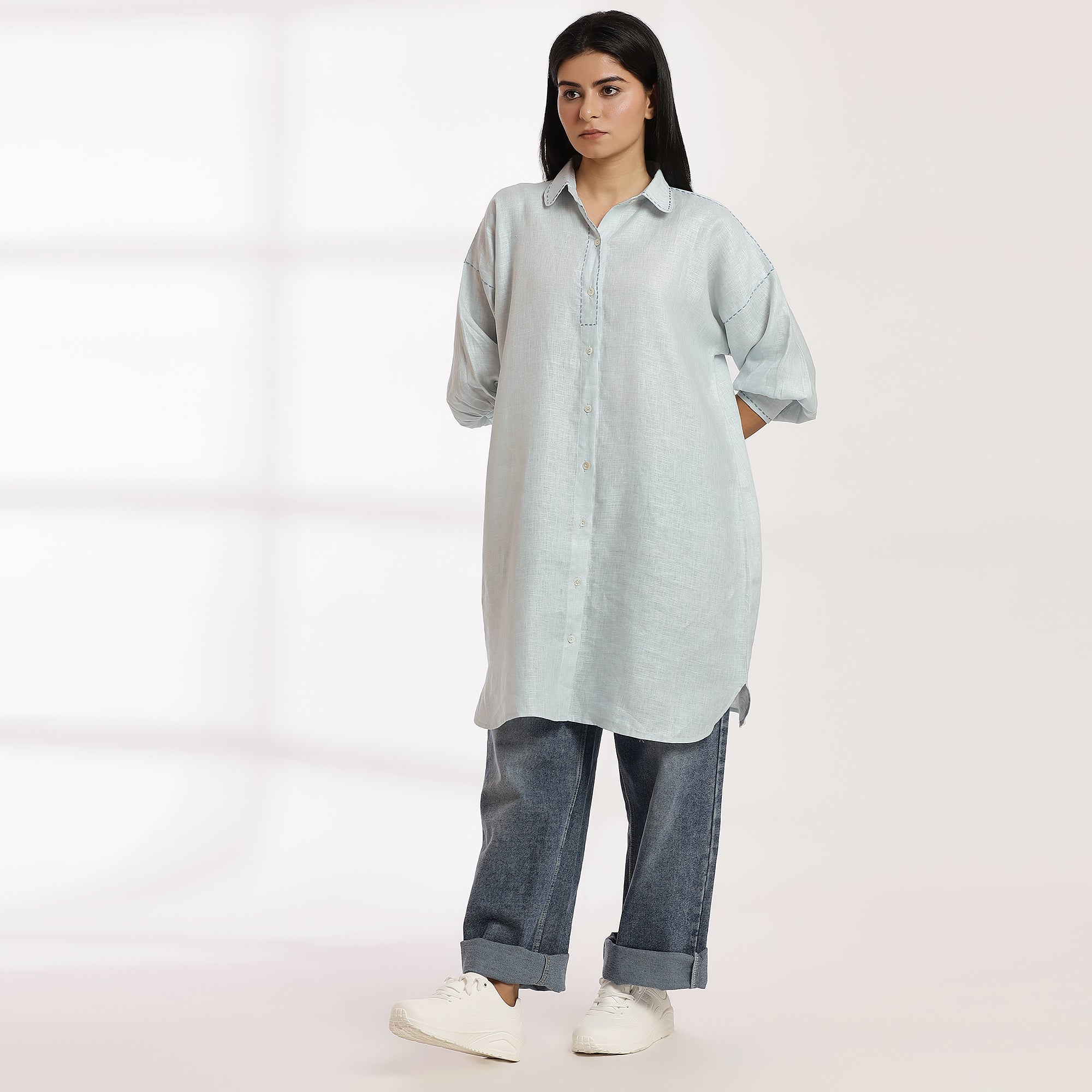 Natural State- Light Blue Linen Oversized Shirtdress Kurta