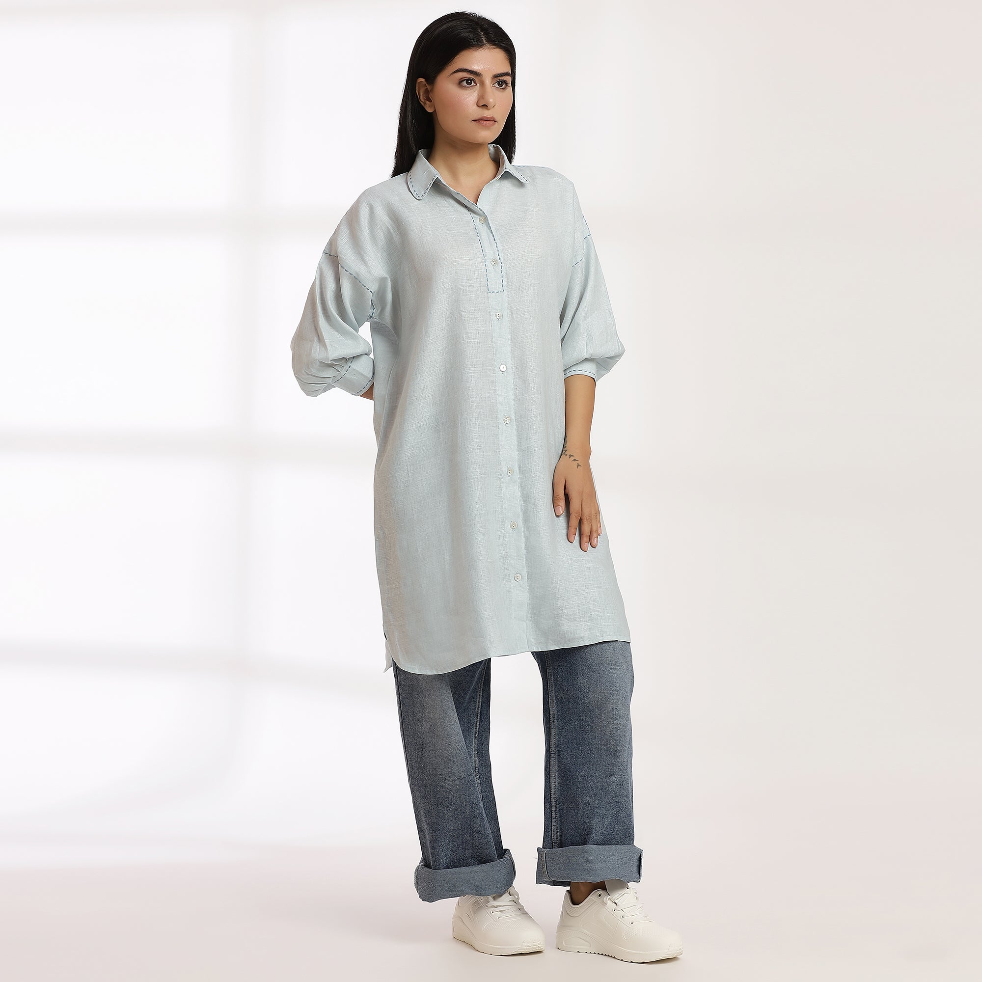 Natural State- Light Blue Linen Oversized Shirtdress Kurta