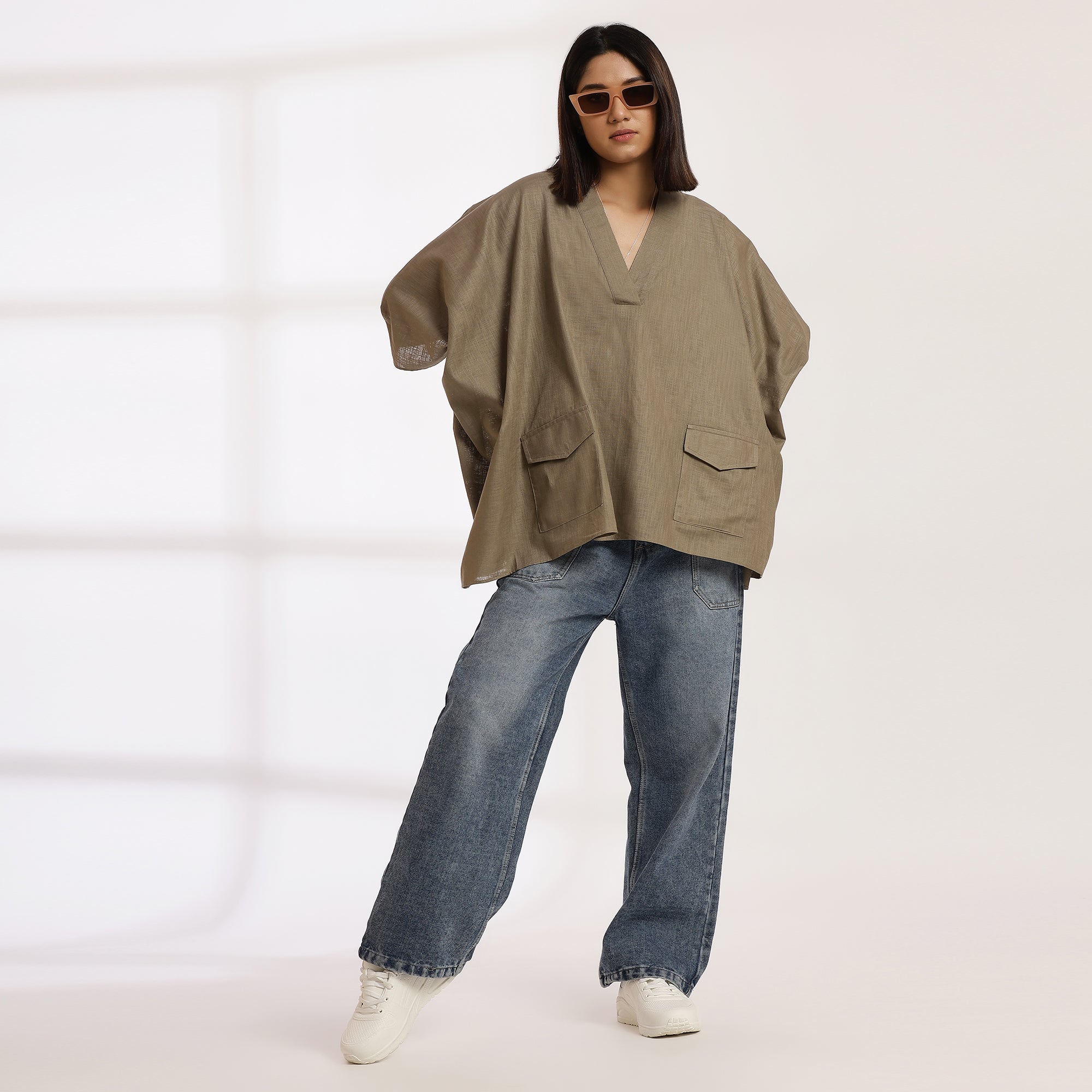 Rebel Calm- Oversized Cotton Kaftan Top with V-Neck & Kimono Sleeves