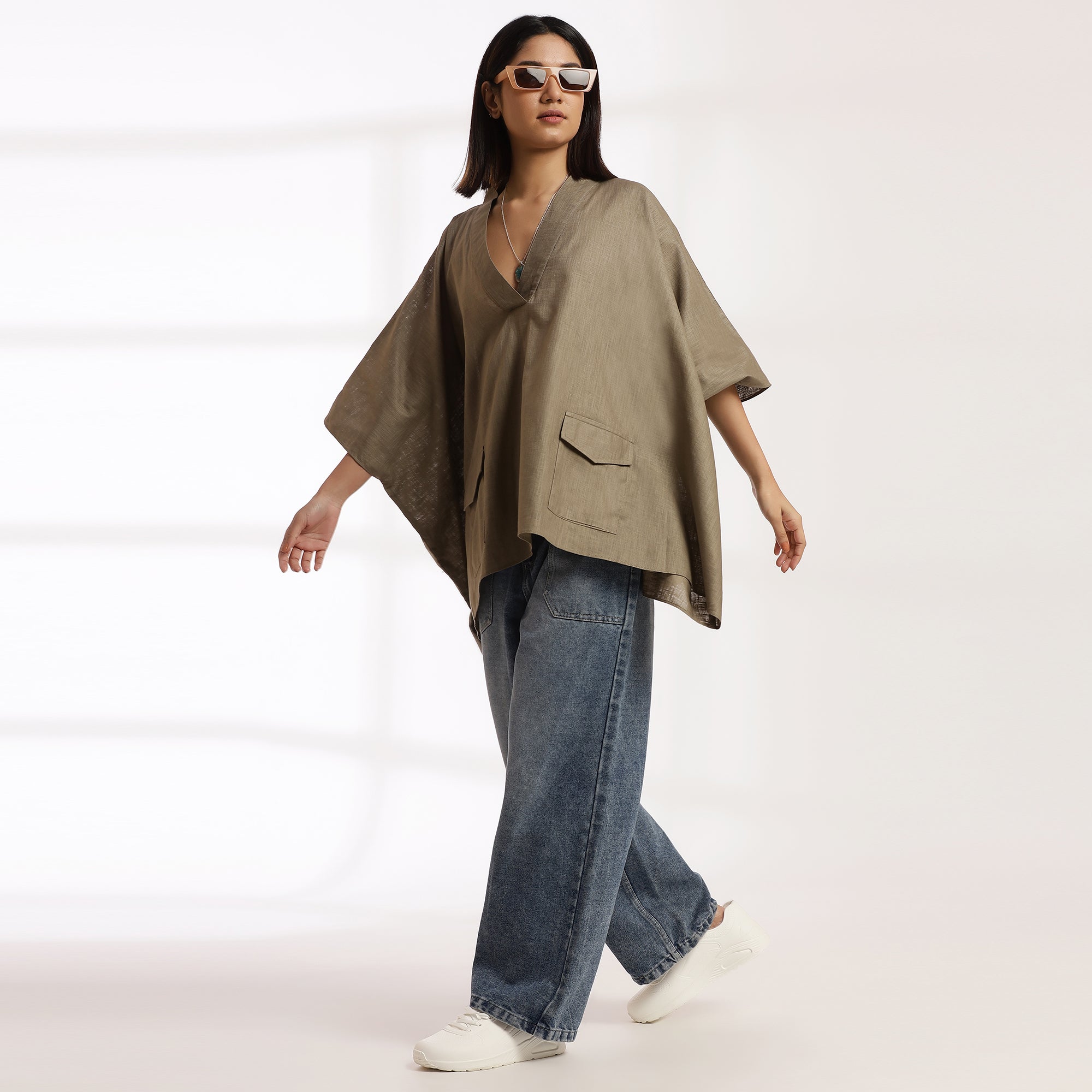 Rebel Calm- Oversized Cotton Kaftan Top with V-Neck & Kimono Sleeves