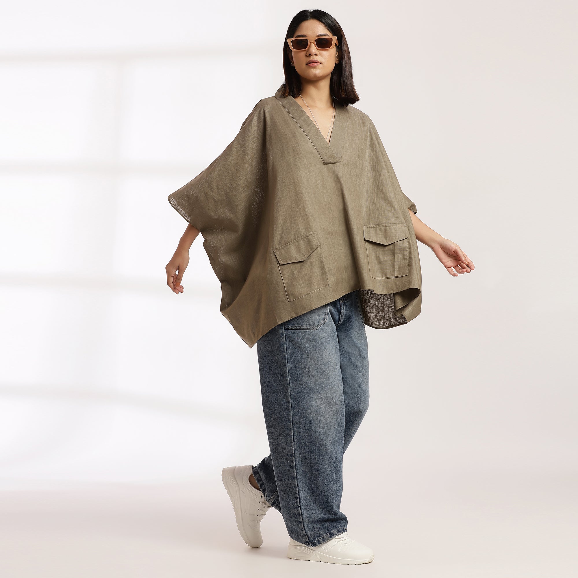Rebel Calm- Oversized Cotton Kaftan Top with V-Neck & Kimono Sleeves