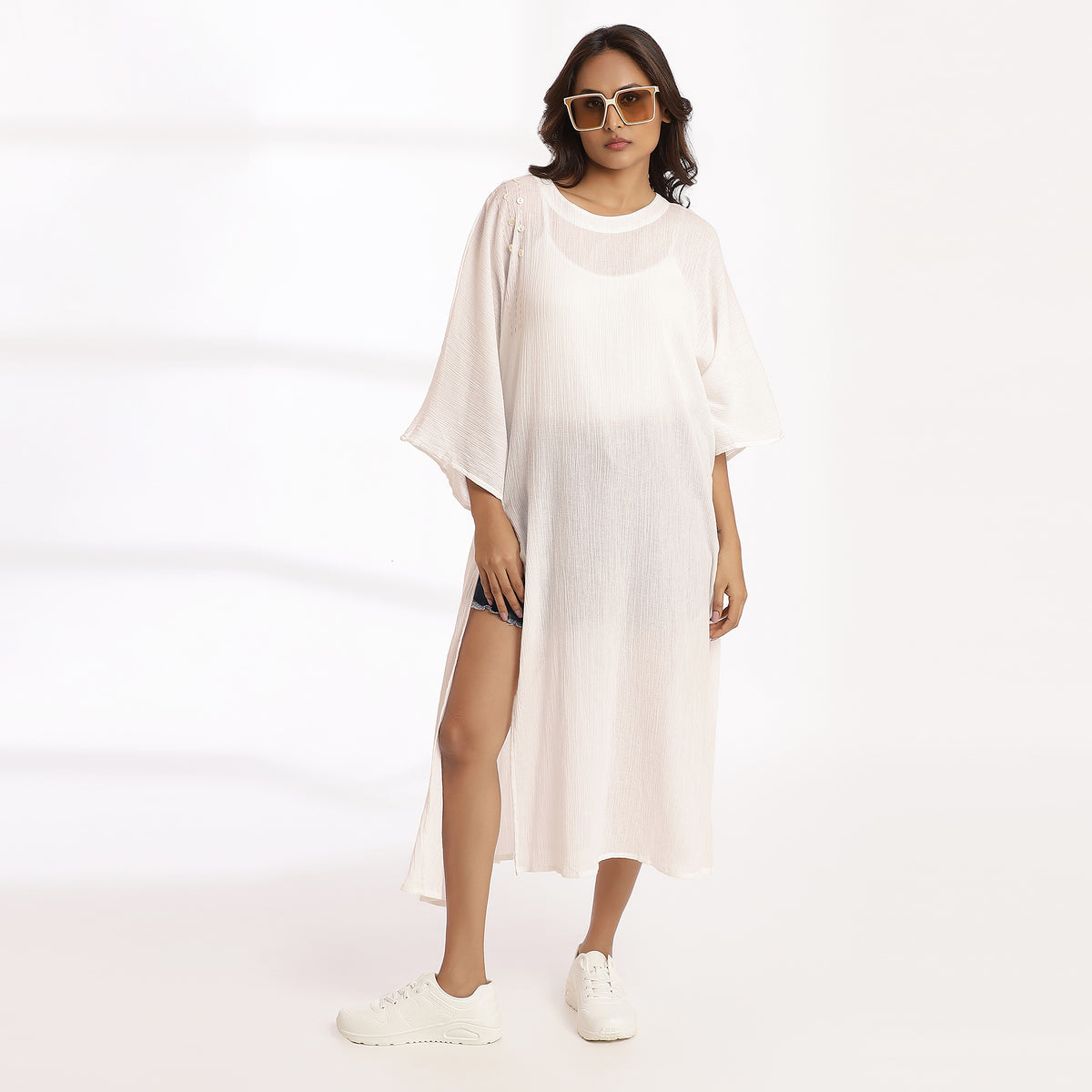 Bare- Casual White Cotton Kaftan Tunic for Everyday Wear