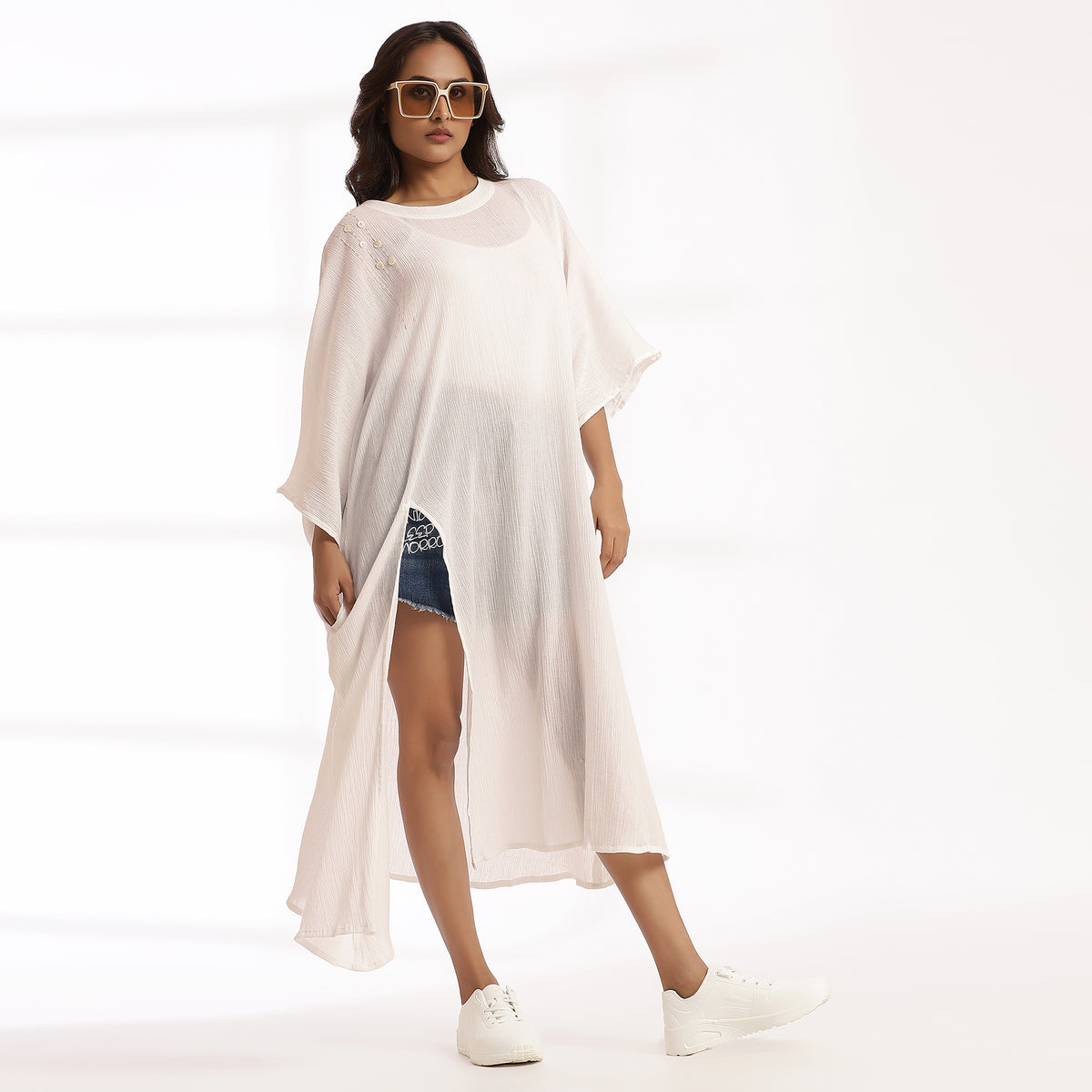 Bare- Casual White Cotton Kaftan Tunic for Everyday Wear